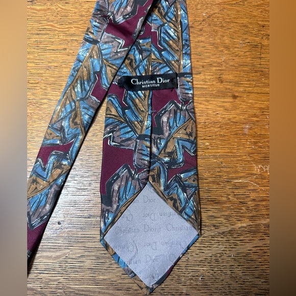 Vintage Christian Dior Monsieur Leaf Patterned Burgundy Gold Blue Neck Tie - Picture 4 of 4